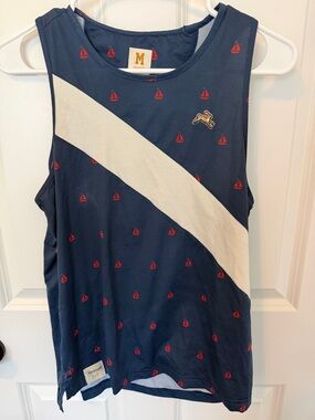 Tracksmith Navy Running Tank with Red Sailboat Detail